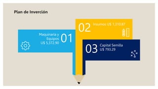 Insumos U$ 1,310.87
02
01
03
Capital Semilla
U$ 793.29
Maquinaria y
Equipos
U$ 5,372.90
Plan de Inverción
 