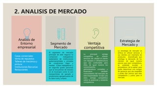 Analisis de
Entorno
empresarial
Segmento de
Mercado
Ventaja
competitiva
Estrategia de
Mercado y
Precios
Casas comerciales
Venta de repuestos
Talleres de mecánica y
pintura
Instituciones Bancarias
Restaurantes
El segmento de mercado
principal de este negocio lo
componen trabajadores
asalariados de instituciones
gubernamentales y privadas
de condiciones bajas y
medias (Clase trabajadora) y
en segundo grado personas
que se encuentran de tránsito
en el municipio como lo son
transportistas de ganado y
productores agropecuarios de
la clase rural y urbana
La principal ventaja
competitiva es ofrecer
servicios de calidad al cliente
con equipos e infraestructura
que sea confortable para
ellos, de igual manera los
conocimientos
administrativos contables y
financieros también
conocimiento del mercado de
este emprendedor le dan una
clara ventaja competitiva
sobre la potencial y existente
competencia
La estrategia de mercado se
enfoca en ofrecer servicios a
sus clientes con inventario de
productos diversificado que
satisfaga la demanda de los
clientes, de igual manera
precios que sean competitivos,
se pretende acceder a
proveedores de la capital para
poder determinar una margen
de ganancia que sea aceptable
y poder fijar precios que seas
competitivos y justos para el
mercado.
2. ANALISIS DE MERCADO
 