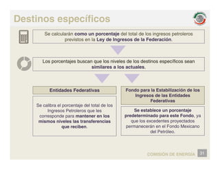 Destinos específicos
Se calcularán como un porcentaje del total de los ingresos petroleros
previstos en la Ley de Ingresos de la Federación.
Los porcentajes buscan que los niveles de los destinos específicos sean
similares a los actuales.
Entidades Federativas Fondo para la Estabilización de los
Ingresos de las Entidades
Se calibra el porcentaje del total de los
Ingresos Petroleros que les
corresponde para mantener en los
Ingresos de las Entidades
Federativas
Se establece un porcentaje
predeterminado para este Fondo, ya
corresponde para mantener en los
mismos niveles las transferencias
que reciben.
p edete ado pa a este o do, ya
que los excedentes proyectados
permanecerán en el Fondo Mexicano
del Petróleo.
31
COMISIÓN DE ENERGÍA
 