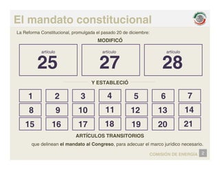 El mandato constitucional
L R f C tit i l l d l d 20 d di i b
La Reforma Constitucional, promulgada el pasado 20 de diciembre:
MODIFICÓ
artículo artículo artículo
27 28
25
artículo artículo artículo
Y ESTABLECIÓ
1 2 3 4 5 6 7
1 2 3 4
8 9 10 11
5 6 7
12 13 14
15 16 17 18 19 20 21
ARTÍCULOS TRANSITORIOS
2
COMISIÓN DE ENERGÍA
que delinean el mandato al Congreso, para adecuar el marco jurídico necesario.
 