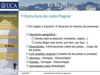 EL BLOG Estructura de cada Pagina : En Ingles y Español    Alcanzar el máximo de personas Ubicación geográfica : donde esta la estación (montaña, región...) como llegar (por avión, por tren, por bus...) Descripción :  informaciones sobre las pistas... mapa de las pistas... Link weather channel  (+estado de las pistas si posible) Jóvenes :  Ventajas - Desventajas Familia :  Ventajas - Desventajas Actividades extra  (bobsleigh) Presentación - Negocio - Oferta - Ejecución El Blog Plan de trabajo Entrevistas 