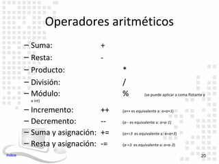 Operadores aritméticos
         – Suma:                 +
         – Resta:                -
         – Producto:                  *
         – División:                  /
         – Módulo:                    %            (se puede aplicar a coma flotante y
          a int)

         – Incremento:           ++   (a++ es equivalente a: a=a+1)

         – Decremento:           --   (a-- es equivalente a: a=a-1)

         – Suma y asignación:    +=   (a+=3 es equivalente a: a=a+3)

         – Resta y asignación:   -=   (a-=3 es equivalente a: a=a-3)

Indice                                                                             20
 