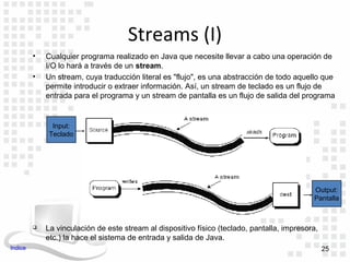 Streams (I)
         •   Cualquier programa realizado en Java que necesite llevar a cabo una operación de
             I/O lo hará a través de un stream.
         •   Un stream, cuya traducción literal es "flujo", es una abstracción de todo aquello que
             permite introducir o extraer información. Así, un stream de teclado es un flujo de
             entrada para el programa y un stream de pantalla es un flujo de salida del programa


               Input:
              Teclado




                                                                                             Output:
                                                                                             Pantalla



            La vinculación de este stream al dispositivo físico (teclado, pantalla, impresora,
             etc.) la hace el sistema de entrada y salida de Java.
Indice                                                                                            25
 