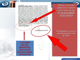  Nótese como está
dispuesto el espacio
para la firma de los
FUNCIONARIOS
ACTUANTES

 Y finalmente el acta es
suscrita por uno solo
de ellos.
Y UN JEFE
DE LOS
SERVICIOS,
QUE NO ES
FUNCIONARIO
ACTUANTE.

 