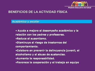 BENEFICIOS DE LA ACTIVIDAD FÍSICA
BENEFICIOS DE LA ACTIVIDAD FÍSICA
• Ayuda a mejora el desempeño académico y la
Ayuda a mejora el desempeño académico y la
relación con los padres y profesores.
relación con los padres y profesores.
•Reduce el ausentismo.
Reduce el ausentismo.
•Disminuye el riesgo de trastornos del
Disminuye el riesgo de trastornos del
comportamiento.
comportamiento.
•Colabora en prevenir la delincuencia juvenil, el
Colabora en prevenir la delincuencia juvenil, el
alcoholismo y el abuso de sustancias.
alcoholismo y el abuso de sustancias.
•Aumenta la responsabilidad.
Aumenta la responsabilidad.
•Favorece la cooperación y el trabajo en equipo
Favorece la cooperación y el trabajo en equipo
Académico y escolar
Académico y escolar
• Ayuda a mejora el desempeño académico y la
Ayuda a mejora el desempeño académico y la
relación con los padres y profesores.
relación con los padres y profesores.
•Reduce el ausentismo.
Reduce el ausentismo.
•Disminuye el riesgo de trastornos del
Disminuye el riesgo de trastornos del
comportamiento.
comportamiento.
•Colabora en prevenir la delincuencia juvenil, el
Colabora en prevenir la delincuencia juvenil, el
alcoholismo y el abuso de sustancias.
alcoholismo y el abuso de sustancias.
•Aumenta la responsabilidad.
Aumenta la responsabilidad.
•Favorece la cooperación y el trabajo en equipo
Favorece la cooperación y el trabajo en equipo
 