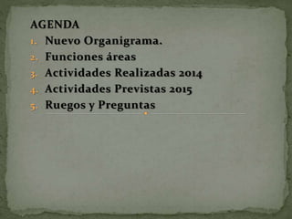 AGENDA
1. Nuevo Organigrama.
2. Funciones áreas
3. Actividades Realizadas 2014
4. Actividades Previstas 2015
5. Ruegos y P...
