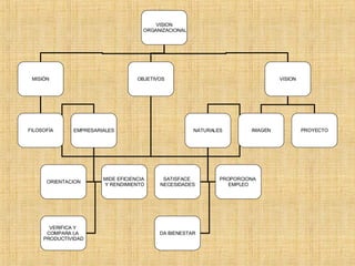 VISION ORGANIZACIONAL MISIÓN OBJETIVOS VISION EMPRESARIALES NATURALES ORIENTACION MIDE EFICIENCIA  Y RENDIMIENTO VERIFICA Y  COMPARA LA  PRODUCTIVIDAD SATISFACE  NECESIDADES PROPORCIONA  EMPLEO DA BIENESTAR FILOSOFÍA IMAGEN PROYECTO 