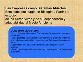 Las Empresas como Sistemas Abiertos  Este concepto surgió en Biología a Partir del estudio  de los Seres Vivos y de su dependencia y adaptabilidad al Medio Ambiente  CONCEPTO DE SISTEMA. Un conjunto de elementos. Son partes u órganos componentes del sistema.  Los elementos se interrelacionan de manera dinámica y forman una red de comunicación y relaciones en función reciproca entre ellos;  Desarrollan una actividad o función que es el proceso del sistema;  Para lograr uno o más objetivos a propósitos para que fue creado el sistema.  