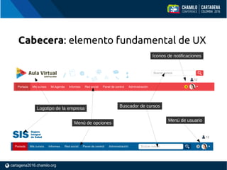 Cabecera: elemento fundamental de UX
Logotipo de la empresa
Menú de opciones
Buscador de cursos
Menú de usuario
Iconos de notificaciones
 
