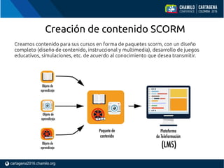 Creación de contenido SCORM
Creamos contenido para sus cursos en forma de paquetes scorm, con un diseño
completo (diseño de contenido, instruccional y multimedia), desarrollo de juegos
educativos, simulaciones, etc. de acuerdo al conocimiento que desea transmitir.
 
