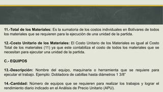 11.-Total de los Materiales: Es la sumatoria de los costos individuales en Bolívares de todos
los materiales que se requie...