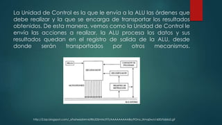La Unidad de Control es la que le envía a la ALU las órdenes que
debe realizar y la que se encarga de transportar los resultados
obtenidos. De esta manera, vemos como la Unidad de Control le
envía las acciones a realizar, la ALU procesa los datos y sus
resultados quedan en el registro de salida de la ALU, desde
donde serán transportados por otros mecanismos.
http://2.bp.blogspot.com/_oFxshe6dMm4/RkUDSmNc97I/AAAAAAAAABo/FOno_IXmq0w/s1600/tabla2.gif
 