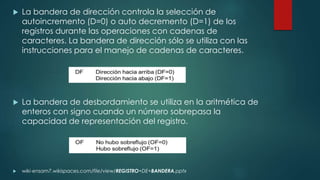  La bandera de dirección controla la selección de
autoincremento (D=0) o auto decremento (D=1) de los
registros durante las operaciones con cadenas de
caracteres. La bandera de dirección sólo se utiliza con las
instrucciones para el manejo de cadenas de caracteres.
 La bandera de desbordamiento se utiliza en la aritmética de
enteros con signo cuando un número sobrepasa la
capacidad de representación del registro.
 wiki-ensam7.wikispaces.com/file/view/REGISTRO+DE+BANDERA.pptx
 
