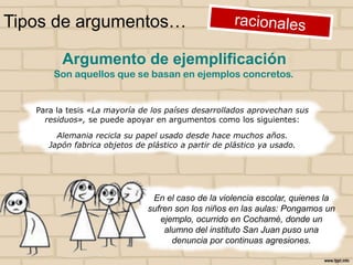Tipos de argumentos…
Argumento de ejemplificación
Son aquellos que se basan en ejemplos concretos.

Para la tesis «La mayoría de los países desarrollados aprovechan sus
residuos», se puede apoyar en argumentos como los siguientes:
Alemania recicla su papel usado desde hace muchos años.
Japón fabrica objetos de plástico a partir de plástico ya usado.

En el caso de la violencia escolar, quienes la
sufren son los niños en las aulas: Pongamos un
ejemplo, ocurrido en Cochamé, donde un
alumno del instituto San Juan puso una
denuncia por continuas agresiones.

 