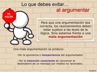 Lo que debes evitar…

al argumentar
Para que una argumentación sea
correcta, los razonamientos deben
estar sujetos a las leyes de la
lógica. Sino estamos frente a una
mala argumentación

Una mala argumentación se produce:
-Por la ignorancia o inexperiencia del argumentador.
- Por la intención consciente de convencer al
destinatario de un mensaje por medios no racionales.

 