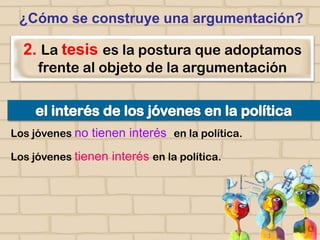 ¿Cómo se construye una argumentación?

2. La tesis es la postura que adoptamos
frente al objeto de la argumentación

Los jóvenes no tienen interés en la política.
Los jóvenes tienen interés en la política.

 