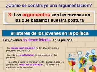 ¿Cómo se construye una argumentación?

3. Los argumentos son las razones en
las que basamos nuestra postura

Los jóvenes no tienen interés en la política.
-La escasa participación de los jóvenes en los
procesos eleccionarios.

-La falta de credibilidad de los jóvenes en los
políticos.
- La pobre o nula transmisión de los padres hacia los
jóvenes del valor de la política como factor de
equilibrio de la sociedad.

 