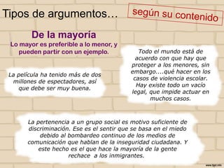Tipos de argumentos…
De la mayoría
Lo mayor es preferible a lo menor, y
pueden partir con un ejemplo.

La película ha tenido más de dos
millones de espectadores, así
que debe ser muy buena.

Todo el mundo está de
acuerdo con que hay que
proteger a los menores, sin
embargo....qué hacer en los
casos de violencia escolar.
Hay existe todo un vacío
legal, que impide actuar en
muchos casos.

La pertenencia a un grupo social es motivo suficiente de
discriminación. Ese es el sentir que se basa en el miedo
debido al bombardeo continuo de los medios de
comunicación que hablan de la inseguridad ciudadana. Y
este hecho es el que hace la mayoría de la gente
rechace a los inmigrantes.

 