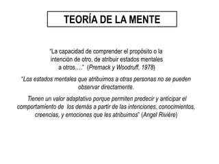 TEORÍA DE LA MENTE
“La capacidad de comprender el propósito o la
intención de otro, de atribuir estados mentales
a otros….” (Premack y Woodruff, 1978)
“Los estados mentales que atribuimos a otras personas no se pueden
observar directamente.
Tienen un valor adaptativo porque permiten predecir y anticipar el
comportamiento de los demás a partir de las intenciones, conocimientos,
creencias, y emociones que les atribuimos” (Angel Riviére)
 