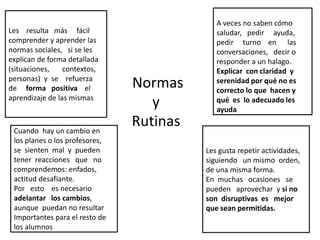 Normas
y
Rutinas
Les resulta más fácil
comprender y aprender las
normas sociales, si se les
explican de forma detallada
(situaciones, contextos,
personas) y se refuerza
de forma positiva el
aprendizaje de las mismas
Cuando hay un cambio en
los planes o los profesores,
se sienten mal y pueden
tener reacciones que no
comprendemos: enfados,
actitud desafiante.
Por esto es necesario
adelantar los cambios,
aunque puedan no resultar
Importantes para el resto de
los alumnos
Les gusta repetir actividades,
siguiendo un mismo orden,
de una misma forma.
En muchas ocasiones se
pueden aprovechar y si no
son disruptivas es mejor
que sean permitidas.
A veces no saben cómo
saludar, pedir ayuda,
pedir turno en las
conversaciones, decir o
responder a un halago.
Explicar con claridad y
serenidad por qué no es
correcto lo que hacen y
qué es lo adecuado les
ayuda
 
