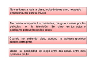 No castigues a toda la clase, incluyéndome a mi, no puedo
entenderte, me parece injusto
Me cuesta interpretar tus conductas, me guío a veces por las
películas o la televisión. Se claro en tus actos o
explícame porque haces las cosas
Cuando no entiendo algo, aunque te parezca gracioso
puedes corregirme
Dame la posibilidad de elegir entre dos cosas, entre más
opciones me lío
 
