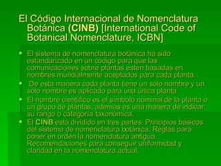 El Código Internacional de Nomenclatura Botánica  (CINB)  [International Code of Botanical Nomenclature, ICBN]  El sistema de nomenclatura botánica ha sido estandarizado en un código para que las comunicaciones sobre plantas estén basadas en nombres mundialmente aceptados para cada planta. De esta manera cada planta tiene un sólo nombre y un sólo nombre es aplicado para una única planta.  El nombre científico es el símbolo nominal de la planta o un grupo de plantas, además es una manera de indicar su rango o categoría taxonómica.  El  CINB  está dividido en tres partes: Principios básicos del sistema de nomenclatura botánica. Reglas para poner en orden la nomenclatura antigua. Recomendaciones para conseguir uniformidad y claridad en la nomenclatura actual.   