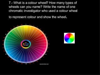 7.- What is a colour wheel? How many types of wheels can you name? Write the name of one chromatic investigator who used a colour wheel to represent colour and show the wheel . 