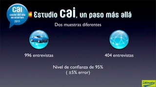 Estudio         cai, un paso más allá
                  Dos muestras diferentes




996 entrevistas                             404 entrevistas

              Nivel de conﬁanza de 95%
                     ( ±5% error)
 