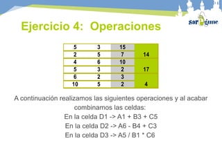 5 3 15
142 5 7
4 6 10
175 3 2
6 2 3
410 5 2
Ejercicio 4: Operaciones
A continuación realizamos las siguientes operaciones y al acabar
combinamos las celdas:
En la celda D1 -> A1 + B3 + C5
En la celda D2 -> A6 - B4 + C3
En la celda D3 -> A5 / B1 * C6
 