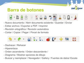- Nuevo documento / Abrir documento existente / Guardar / Enviar
- Editar archivo / Exportar a PDF / Imprimir
- Revisión ortográfica / Revisión automática
- Cortar / Copiar / Pegar / Pincel de formato
- Deshacer / Rehacer
- Hiperenlace
- Orden ascendente / Orden descendente /
- Diagrama / Mostrar opciones de dibujo
- Buscar y reemplazar / Navegador / Gallery / Fuentes de datos/ Escala
Barra de botones
 