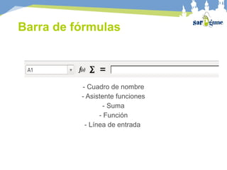 Barra de fórmulas
- Cuadro de nombre
- Asistente funciones
- Suma
- Función
- Línea de entrada
 
