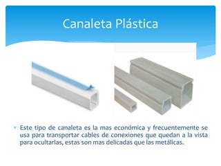 Este tipo de canaleta es la mas económica y frecuentemente se
usa para transportar cables de conexiones que quedan a la vista
para ocultarlas, estas son mas delicadas que las metálicas.
Canaleta Plástica
 