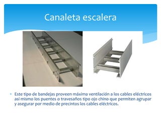  Este tipo de bandejas proveen máxima ventilación a los cables eléctricos
así mismo los puentes o travesaños tipo ojo chino que permiten agrupar
y asegurar por medio de precintos los cables eléctricos.
Canaleta escalera
 