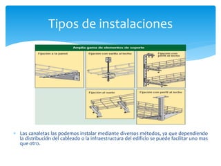  Las canaletas las podemos instalar mediante diversos métodos, ya que dependiendo
la distribución del cableado o la infraestructura del edificio se puede facilitar uno mas
que otro.
Tipos de instalaciones
 