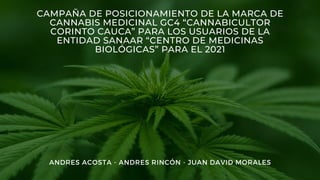 CAMPAÑA DE POSICIONAMIENTO DE LA MARCA DE
CANNABIS MEDICINAL GC4 “CANNABICULTOR
CORINTO CAUCA” PARA LOS USUARIOS DE LA
ENTIDAD SANAAR “CENTRO DE MEDICINAS
BIOLÓGICAS” PARA EL 2021
ANDRES ACOSTA - ANDRES RINCÓN - JUAN DAVID MORALES
 