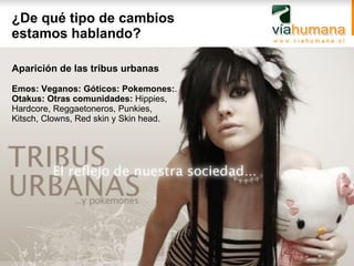 ¿De qué tipo de cambios estamos hablando? Aparición de las tribus urbanas   Emos:   Veganos:   Góticos: Pokemones: .  Otakus:   Otras comunidades:  Hippies,  Hardcore, Reggaetoneros, Punkies,  Kitsch, Clowns, Red skin y Skin head. 