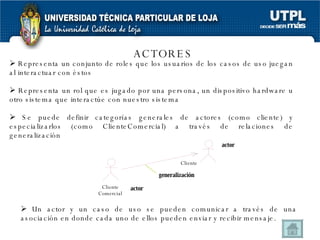 ACTORES Representa un conjunto de roles que los usuarios de los casos de uso juegan al interactuar con éstos Representa un rol que es jugado por una persona, un dispositivo hardware u otro sistema que interactúe con nuestro sistema Se puede definir categorías generales de actores (como cliente) y especializarlos (como ClienteComercial) a través de relaciones de generalización Cliente Cliente Comercial actor actor generalización Un actor y un caso de uso se pueden comunicar a través de una asociación en donde cada uno de ellos pueden enviar y recibir mensaje. 