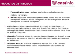 ProcessView Composer  - software para business application planning, modeling y prototyping   Mariner  -  Application Portfolio Management (APM), con los módulos de Portfolio Management y su core Demand Management, Project Management, Resource Management y  Financial Management.  EMS Alfresco  – Alfresco permite automatizar todos los procesos de negocio relacionados con el contenido, a través de la filosofía Open Source. Dispone de un gestor del ciclo de vida del contenido gráfico, que puede ser combinado con el motor de workflow incorporado. Magnolia -  Sistema de gestión de contenido (Content Management System); es una herramienta que permite la creación y administración de contenidos, principalmente en páginas web. Windward Reports  -   fácilmente integrable en entornos Java y .Net, permite la creación de informes de manera sencilla empleando como base plantillas de Microsoft Word   PRODUCTOS DISTRIBUIDOS 