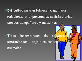 Dificultad para establecer o mantener relaciones interpersonales satisfactorias con sus compañeros y maestros Tipos  inapropiados  de  conducta  o  sentimientos  bajo circunstancias normales. 