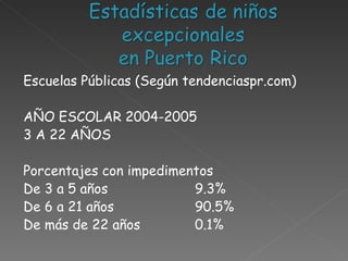 Escuelas Públicas (Según tendenciaspr.com)   AÑO ESCOLAR 2004-2005  3 A 22 AÑOS   Porcentajes con impedimentos De 3 a 5 años  9.3% De 6 a 21 años 90.5% De más de 22 años 0.1% 