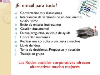¿El e-mail para todo?
a) 
b) 
c) 
d) 
e) 
f) 
g) 
h) 
i) 
j) 

Conversaciones y discusiones
Intercambio de versiones de un documento
colaborativo
Envío de enlaces interesantes
Gestión documental
Dudas, preguntas, solicitud de ayuda
Concertar reuniones
Realizar una consulta o encuesta a muchos
Lluvia de ideas
Toma de decisiones: Propuestas y votación
Trabajo en grupo

Las Redes sociales corporativas ofrecen
alternativas mucho mejores

 