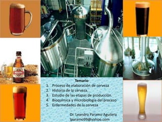 Temario
1. Proceso de elaboración de cerveza
2. Historia de la cerveza.
3. Estudio de las etapas de producción.
4. Bioquímica y microbiología del proceso
5. Enfermedades de la cerveza
Dr. Leandro Paramo Aguilera
lparamo99@yahoo.com
 