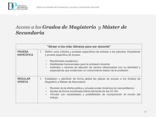 Repensar la formación inicial y permanente del profesorado como pieza clave para una educación inclusiva
10
Acceso a los Grados de Magisterio y Máster de
Secundaria
“Atraer a los más idóneos para ser docente”
PRUEBA
ESPECÍFICA
1. Definir unos criterios y pruebas específicos de entrada a los estudios: Expediente
y prueba específica de acceso.
• Rendimiento académico.
• Habilidades transversales para la profesión docente.
• Actitudes y razones de elección de carrera relacionadas con su identidad y
expectativas que evidencien un conocimiento básico de la profesión.
REGULAR
OFERTA
1. Establecer y planificar de forma global las plazas de acceso a los Grados de
Magisterio y Máster de Secundaria.
• Revisión de la oferta pública y privada (evitar dinámica de mercantilismo).
• Ajustar de forma coordinada oferta-demanda de las CC.AA.
• Vincular con necesidades y posibilidades de incorporación al mundo del
trabajo.
Hacia un modelo de formación y acceso a la función docente
 