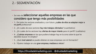 https://Druidadelmarketing.com - @druidadelmarketing
2.- SEGMENTACIÓN
• Se trata de seleccionar aquellas empresas en las que
considero que tengo más posibilidades
• 1.- De todos los sectores analizados y con futuro ¿cuáles de ellos se adaptan mejor a
mi perfil profesional?
• 2.- ¿En cuales de esos sectores hay más trabajos ofertados? (cuantitativo)
• 3.- ¿En cuales de los sectores hay ofertas de mayor interés para mi perfil? (cualitativo)
• 4.- ¿Cuántas empresas en las que pudiera trabajar hay en la zona sobre la que he
decidido buscar mi empleo?
• 5.- ¿Qué nivel salarial se puede obtener en esas empresas con mi formación?
• 6.- ?Quiero trabajar en una gran empresa, mediana o micro?
 