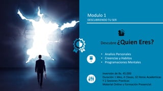 Modulo 1
DESCUBRIENDO TU SER
• Analisis Personales
• Creencias y Habitos
• Programaciones Mentales
Descubre ¿Quien Eres?
Inversión de Bs. 45.000
Duración 1 Mes, 4 Clases, 32 Horas Academicas
Y 2 Sesiones Practicas
Material Online y Formación Presencial
 