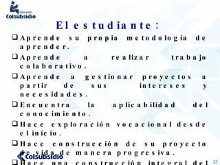 El estudiante: Aprende su propia metodología de aprender. Aprende a realizar trabajo colaborativo. Aprende a gestionar proyectos a partir de sus  intereses y necesidades. Encuentra la aplicabilidad del conocimiento. Hace exploración vocacional desde el inicio. Hace construcción de su proyecto de vida de manera progresiva. Hace una construcción integral del conocimiento. 