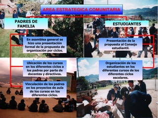 En asamblea general se hizo una presentación formal de la propuesta de organización por ciclos. AREA ESTRATEGICA COMUNITARIA Ubicación de los cursos en los diferentes ciclos a los padres por parte de docentes y directivos. Vinculación de los padres en los proyectos de aula de los cursos en los diferentes ciclos. Organización de los estudiantes en los diferentes cursos de los diferentes ciclos escolares. Presentación de la propuesta al Consejo estudiantil. PADRES DE FAMILIA ESTUDIANTES 