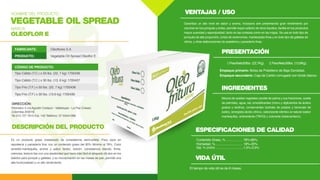 MARCA:
OLEOFLOR E
NOMBRE DEL PRODUCTO: VENTAJAS / USO
PRESENTACIÓN
INGREDIENTES
ESPECIFICACIONES DE CALIDAD
VIDA ÚTIL
Garantiza un alto nivel de sabor y aroma, incorpora aire presentando gran rendimiento por
volumen en los ponqués y tortas, permite mayor adición de otros líquidos, facilita en los productos
mayor suavidad y esponjosidad, tanto en las cortezas como en las migas. Se usa en todo tipo de
ponqués de alta proporción, tortas de ceremonias, mantecadas finas y en todo tipo de galletas de
vitrina, y otras elaboraciones de pastelería y panadería finas.
Mezcla de aceites vegetales (aceite de palma y sus fracciones, aceite
de palmiste), agua, sal, emulsificantes (mono y digliceridos de ácidos
grasos y lecitina), conservantes (sorbato de potasio y benzoato de
sodio), sinergista (ácido cítrico), saborizante idéntico al natural (sabor
mantequilla), antioxidante (TBHQ) y colorante (betacaroteno).
Es un producto graso cristalizado de consistencia semi-sólida. Para usos en
repostería y panadería fina; con un contenido graso del 80% Mínimo al 78%. Color
amarillo-mantequilla, aroma y sabor lácteo, dulzón, consistencia blanda, firme,
cremosa, textura lisa con una plasticidad que hace más fácil el atrapado de aire en los
batidos para ponqué y galletas, y su incorporación en las masas de pan, permite una
alta funcionalidad y un alto rendimiento.
FABRICANTE: Oleoflores S.A.
PRODUCTO:
CÓDIGO DE PRODUCTO:
Vegetable Oil Spread Oleoflor E
Tipo Cálido (T.C.) x 50 lbs. (22, 7 kg) 1700436
Tipo Cálido (T.C.) x 30 lbs. (13, 6 kg) 1700437
Tipo Frio (T.F.) x 50 lbs. (22, 7 kg) 1700438
Tipo Frio (T.F.) x 30 lbs. (13.6 kg) 1700439
1.PesoNeto50lbs. (22,7Kg). 2.PesoNeto30lbs. (13,6Kg).
El tiempo de vida útil es de 6 meses.
Empaque primario: Bolsa de Polietileno de Baja Densidad.
Empaque secundario: Caja de Cartón corrugado con fondo blanco.
VEGETABLE OIL SPREAD
DESCRIPCIÓN DEL PRODUCTO
Kilómetro 5 vía Agustín Codazzi - Valledupar - La Paz (Cesar)
Colombia 202018
Tel.315 727 7615 Ext. 142 Teléfono: 57 53441086
DIRECCIÓN:
Contenido Graso, % ................... 78%-80%
Húmedad, % ............................... 18%-20%
Sal, % (m/m) ................................1,5%-2,0%
 