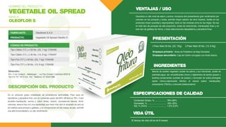 VENTAJAS / USO
PRESENTACIÓN
INGREDIENTES
ESPECIFICACIONES DE CALIDAD
VIDA ÚTIL
Garantiza un alto nivel de sabor y aroma, incorpora aire presentando gran rendimiento por
volumen en los ponqués y tortas, permite mayor adición de otros líquidos, facilita en los
productos mayor suavidad y esponjosidad, tanto en las cortezas como en las migas. Se usa
en todo tipo de ponqués de alta proporción, tortas de ceremonias, mantecadas finas y en
todo tipo de galletas de vitrina, y otras elaboraciones depastelería y panadería finas.
Mezcla de aceites vegetales (aceite de palma y sus fracciones, aceite de
palmiste),agua, sal, emulsificantes (mono y digliceridos de ácidos grasos y
lecitina),conservantes (sorbato de potasio y benzoato de sodio),sinergista
(ácido cítrico),saborizante idéntico al natural (sabor mantequilla),
antioxidante (TBHQ) y colorante (betacaroteno).
Es un producto graso cristalizado de consistencia semi-sólida. Para usos en
repostería y panadería fina; con un contenido graso del 80% Mínimo al 78%. Color
amarillo-mantequilla, aroma y sabor lácteo, dulzón, consistencia blanda, firme,
cremosa, textura lisa con una plasticidad que hace más fácil el atrapado de aire en
los batidos para ponqué y galletas, y su incorporación en las masas de pan, permite
una alta funcionalidad y un alto rendimiento.
FABRICANTE: Oleoflores S.A.S
PRODUCTO:
CÓDIGO DE PRODUCTO:
Vegetable Oil Spread Oleoflor E
Tipo Cálido (T.C.) x 50 lbs. (22, 7 kg) 1700436
Tipo Cálido (T.C.) x 30 lbs. (13, 6 kg) 1700437
Tipo Frio (T.F.) x 50 lbs. (22, 7 kg) 1700438
Tipo Frio (T.F.) x 30 lbs. (13, 6 kg) 1700439
1.Peso Neto 50 lbs. (22, 7Kg). 2.Peso Neto 30 lbs. (13, 6 Kg).
El tiempo de vida útil es de 6 meses.
Empaque primario: Bolsa de Polietileno de Baja Densidad.
Empaque secundario: Caja de Cartón corrugado con fondo blanco.
DESCRIPCIÓN DEL PRODUCTO
Km. 5 vía Codazzi - Valledupar · - La Paz (Cesar) Colombia 202018
Tel.315 727 7615 Ext. 142 · Teléfono: 57 53441086
Dirección:
Contenido Graso, % ................... 78%-80%
Húmedad, % ............................... 18%-20%
Sal, % (m/m) .............................. 1,5%-2,0%
MARCA:
OLEOFLOR S
NOMBRE DEL PRODUCTO:
VEGETABLE OIL SPREAD
 