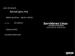 Servidores Linux
ext4 xfs reiserfs
kernel gnu rms
debian gnu/linux ubuntu red hat
fuse rmmod
comp.os.minix
xen openvz
Alberto Permuy Leal - 26 Noviembre 2010
usar estudiar modificar copiar
Santiago de Compostela
 